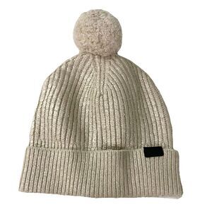 Coach Metallic Foil Hat Beanie Wool Puff Ball Cream Silver Womens Lux Old Money